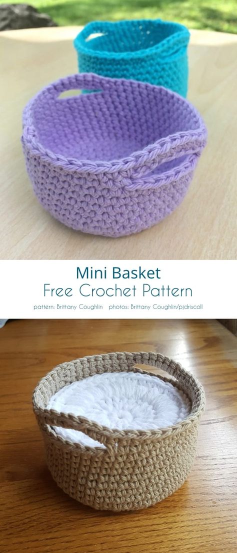 Mini Basket Free Crochet Patterns | Your Crochet Shallow Crochet Basket Pattern Free, Crochet Basket Patterns Free Easy, Crochet Nylon Basket, Crochet Coasters With Basket Free Pattern, Crochet Coaster With Basket, Crochet Gift Basket Pattern Free, Crochet Patterns For Blanket Yarn, Handy Basket Crochet Pattern, Coaster Basket Crochet