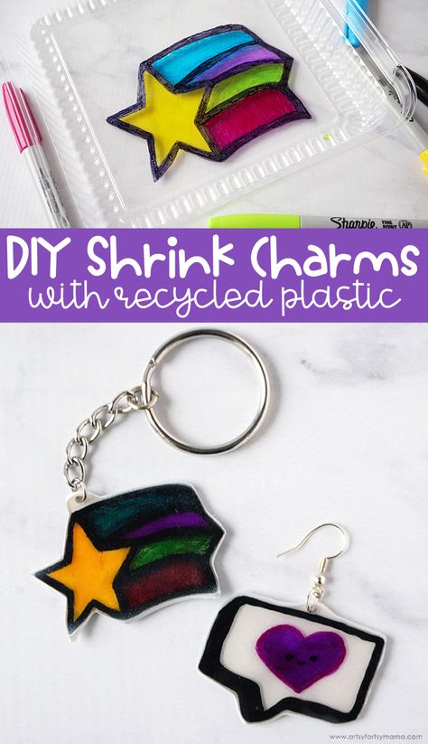 DIY Shrink Charms with Recycled Plastic | artsy-fartsy mama How To Make Plastic Earrings, Plastic Keychain Shrink, Diy Shrink Plastic How To Make, Shrink Art Diy, How To Make Shrink Plastic Keychain, Plastic Charms Diy, Shrinkable Plastic Diy, Diy Recycled Plastic Projects, Diy Shrink Plastic Keychain