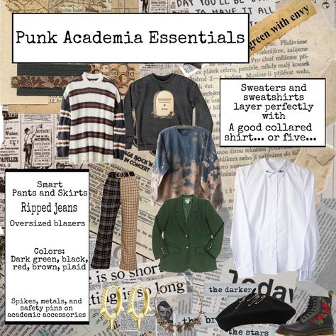 Punk Academia aesthetic Punk Librarian Aesthetic, Hot Academia Outfits, Rock Academia Aesthetic, Criminology Major Aesthetic Outfits, Skater Academia Aesthetic, Punk Acedamia Outfits, Punk Academia Aesthetic Outfit, Science Academia Aesthetic Outfit, Chaotic Aesthetic Outfits