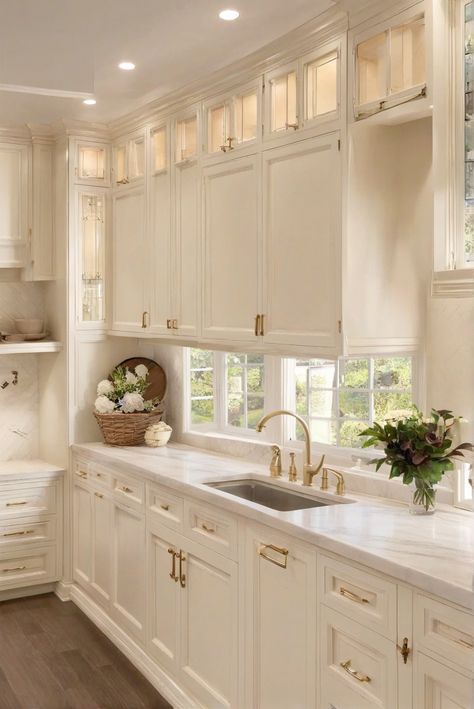 1. Interior design
2. Kitchen makeover
3. Creamy elegance
4. Off-white transformation Cream Kitchen White Appliances, Cream Kitchen Cabinets With Gold Hardware, Modern White And Gold Kitchen, White And Gold Kitchen Aesthetic, Cream Kitchen With Gold Hardware, White Kitchen With Gold Fixtures, Old White Cabinets Kitchen, White Kitchen Cabinets With Tile Backsplash, White Kitchen Renovation Ideas