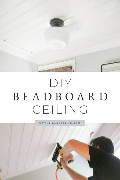 Learn how to cover a dated, textured, and stained ceiling with an easy and inexpensive cottage style DIY beadboard ceiling for a custom look. Painted Beadboard Ceiling, Painting Beadboard Paneling, White Beadboard Ceiling, Painting Beadboard, Paint Beadboard, Stained Beadboard Ceiling, Painting Ceilings, Painting The Ceiling, Painted Beadboard