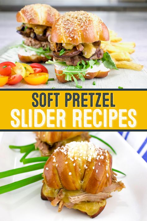 Make your favorite slider recipes even more delicious with the addition of our SlidePiece Soft Pretzel Slider Buns! Check out our soft pretzel slider recipes through the link! #Pretzel #SoftPretzel #PretzelBite #SliderRecipe #BestLunch #Lunch #LunchIdea #Burger #QuickSnack #PulledPork #EasyLunch #Lunchtime Pretzel Bun Sliders Burger Recipes, Pretzel Slider Buns, Sliders On Pretzel Buns, Pretzel Slider Bun Recipes, Pretzel Bun Sliders Recipes, Pretzel Sliders Recipes, Pretzel Roll Sliders, Pretzel Bun Sandwich Ideas, Pretzel Roll Sandwich