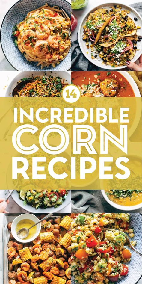 14 Incredible Corn Recipes! There's nothing like those sweet little golden bursts of sunshine to really make a dish shine. Whether it's the height of summer and you have armfuls of fresh sweet corn from the farmer's market or you want to toss a bag of frozen corn at something to give an extra bit of brightness, we've got options! Soups, quinoa bowls, yummy tacos, or a holiday side dish that will knock your socks off...eep, so many faves. Let's get to it! #corn #cornrecipe #summer Corn Recipes Side Dishes Healthy, Fresh Corn Dinner Recipes, Freeze Dried Corn Recipes, Corn Recipes Main Dish, Recipes With Frozen Corn, Corn Main Dish Recipes, Recipes Using Fresh Corn, Dinner Recipes With Corn, Fresh Corn Recipes Side Dishes