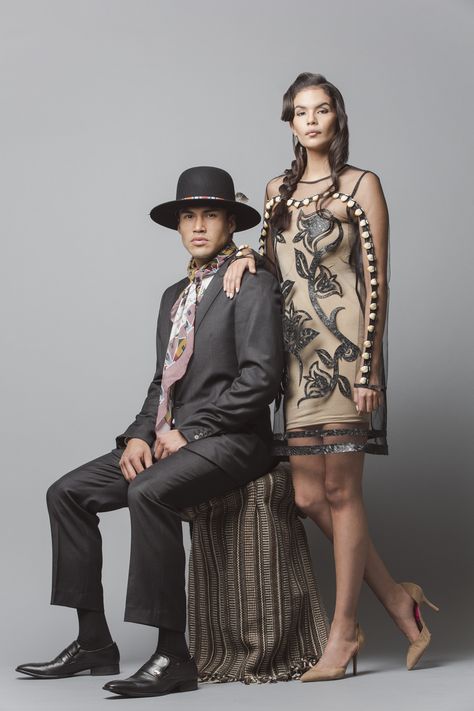 Models Martin Sensmeier and Jade Whillouby wear clothing from Los Angeles designer Bethany Yellowtail's b.yellowtail line from spring 2015. Indigenous Modern Fashion, Native American Clothing Modern, Native Fashion Modern, Native American Modern Fashion, Modern Indigenous Fashion, Modern Native American Fashion, Jade Willoughby, Bethany Yellowtail, Native American Style Outfits