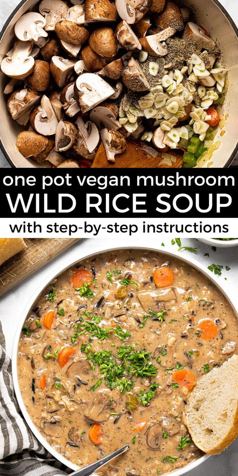 Vegan Wild Rice Soup, Mushroom Wild Rice Soup, Mushroom Wild Rice, Crockpot Vegan, Plant Plate, Vegan Mushroom Soup, Wild Mushroom Soup, Wild Rice Soup Recipes, Mushroom Stew