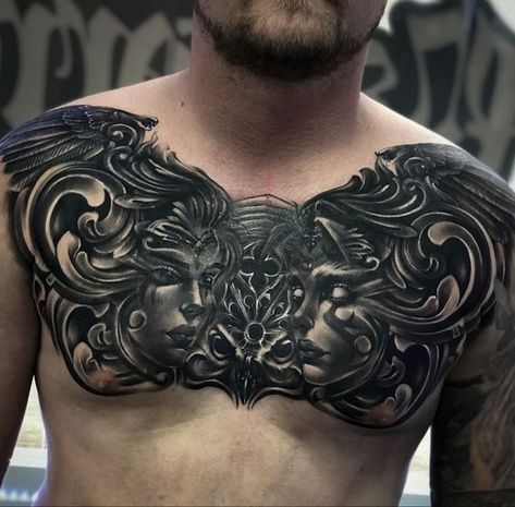 Blackwork tattoo – over 60 unique designs for men and women with meanings. From full sleeves to small ideas. Everyone will find something to their liking. Full Chest Cover Up Tattoos Men, Tattoo Chest Cover Up, Black Chest Tattoo Cover Up, Chest Piece Cover Up Tattoo, Chest Cover Up Tattoos Men, Dark Chest Tattoo, Black Chest Tattoo, Chest Tattoo Cover Up, Shoulder Cover Up Tattoos