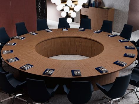 BESPOKE CONFERENCE TABLES | Round meeting table By PROF Conference Table Design, Round Conference Table, Meeting Room Design, Meeting Room Table, Office Images, Furniture Ads, Conference Tables, Luxury Office, Hidden Door