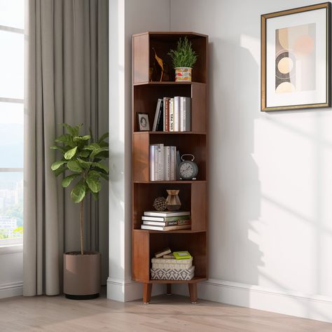 PRICES MAY VARY. Wide range of functions: 5-layer corner bookshelf, suitable for placement in study, living room, bedroom, children's room, apartment dormitory, etc. There are partitions and side protection panels on each layer to prevent items from falling and high safety. Turn available corners of the room into functional and decorative storage spaces. Excellent material: Reliable wall mounting prevents accidental tipping. The material used in the corner bookshelf is bamboo. The sturdiness and Corner Bookshelf, Tall Bookshelves, Corner Bookshelves, Bookshelf Storage, Corner Storage, White Bookcase, Brown Living Room, Living Room White, Bookcase Storage