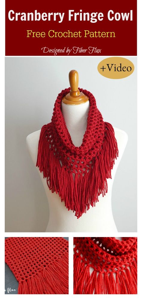 Cranberry Fringe Cowl Free Crochet Pattern and VIdeo Tutorial Cowl Patterns, Crochet Cowl Free Pattern, Crochet Neck Warmer, Poncho Crochet, Crochet Cowl Pattern, Crochet Buttons, Cowl Pattern, Scarf Crochet Pattern, Crochet Cowl