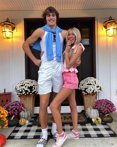 barbie and ken halloween costume couple costume Barbie Hoco Outfit, Barbie And Ken Spirit Day, Blonde Hair Couple Costume, Barbie Spirit Day Outfit, 4 People Halloween Costumes Couples, Diy Ken Costume, Cute Couples Costumes For Halloween Diy, Barbie And Ken Spirit Week, Barbie And Ken Costume Ideas