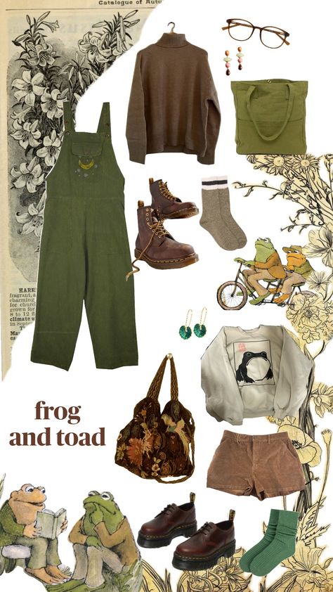 Frog and Toad friendship outfits Frog And Toad Halloween Costume, Frog Core Outfit, Frog And Toad Clothes, Frog And Toad Costume Diy, Frog And Toad Aesthetic Outfits, Frog And Toad Outfit, Frogcore Outfits, Frog Outfit Aesthetic, Frog Inspired Outfit