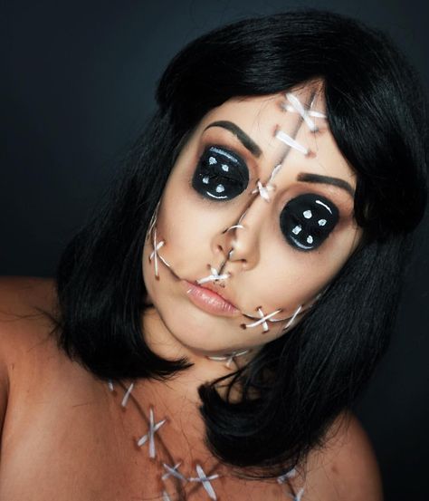 VooDoo Doll Halloween costume VooDoo Doll Makeup Makeup Looks Scary, Voodoo Doll Halloween Costume, Halloween Makeup Looks Scary, Halloween Makeup Videos, Voodoo Doll Makeup, Halloween Costumes Coraline, Creepy Doll Makeup, Voodoo Doll Costume, Voodoo Halloween