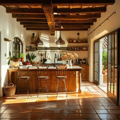 Kitchen Facing Backyard, Cafe Style Kitchen, Rustic Mediterranean Kitchen, Mexican Hacienda Kitchen, Styling Countertops, Modern Spanish Kitchen, Spanish Mediterranean Kitchen, Mediterranean Kitchen Ideas, Spanish Kitchen Design