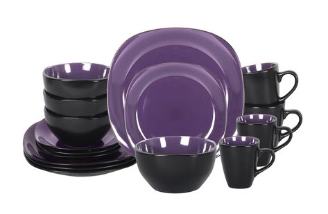 PRICES MAY VARY. Square Shape with Two Tone Glaze: Square Shape with Inside Purple Shiny Colorful glaze and Matte Black Outside, make your table colorful, modern, natural and attractive Service for 4: 16pc Square Dinnerware Set including 4 of Each: Dinner Plate Square 10.6" x 10.6", Salad Plate Square 7.8" x 7.8", Soup Bowl Square 6" x 6"", Mug Square 13oz More Durable: High Quality Durable Stoneware Material, Dishwasher Safe, Microwave Safe and Oven to Table Natural Top Glaze: Top Glaze is Natu Purple And Black Home Decor, Beautiful Kitchenware, Black Dinnerware, Square Dinnerware Set, House Aesthetic, Kitchen Things, Goth Home Decor, Cute Room Decor, Salad Plate