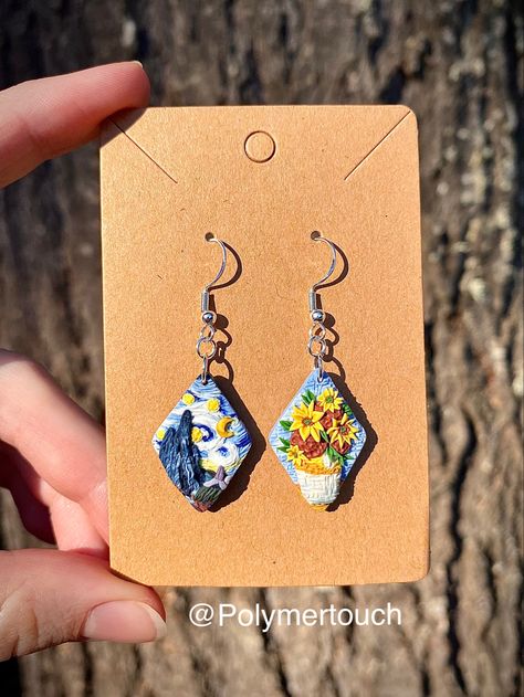 Handmade Van Gogh earrings Painting Polymer Clay Earrings, Van Gogh Earrings, Earrings Handmade Clay, Hand Embroidered Jewelry, Van Gogh Painting, Craft Clay, Diy Earrings Polymer Clay, Mushroom Jewelry, Polymer Clay Diy