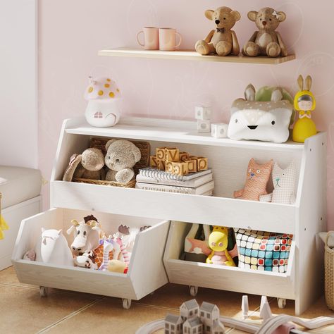 PRICES MAY VARY. 【Generous Storage Capacity】: This toy storage organizer boasts two large drawers and open cube shelves, offering ample room to store toys, small clothes, books, and other belongings. The spacious top surface provides additional space for lamps, photos, models and more. 【Toy Shelf with Wheels】: The drawers feature a grooved design and 360-degree swivel wheels, allowing for effortless movement to any desired location for playroom storage or organization. This toy shelf can be easi Toy Storage Cabinet, Living Room Toy Storage, Kids Toy Storage, Toy Shelf, Toy Storage Organizer, Open Cube, Playroom Bedroom, Cabinet With Drawers, Toy Shelves