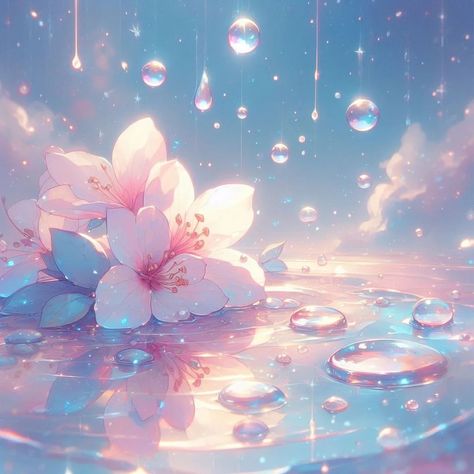 “Beauty is a light in the heart.” 🌸✨ . . -Image details: 1. The image is an artistic rendering of a serene and magical setting: - Flowers: Large, delicate flowers grace the scene. Their petals are a pale pink, intricately detailed, and seem to glow softly. - Water Droplets: Numerous glistening water droplets hang in the air or rest gently on the water's surface. Each droplet reflects light, creating an ethereal ambiance. - Background: Soft clouds and a gentle sky form the backdrop, cont... Soft And Sweet Aesthetic, Pink And Blue Flowers Aesthetic, Pretty Wallpaper Desktop, Light Blue And Pink Aesthetic, Flowers Drawing Wallpaper, Lunar Aesthetic, Glistening Water, Soft Clouds, Glowing Flowers