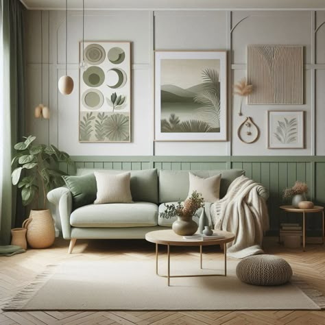 Sage Green Living Room Sage Furniture Living Room, Mint Green Couch Living Room Ideas, Pistachio Green Living Room, Sage Green Beauty Salon, Sage Green Half Wall, Light Green Sofa Living Room Ideas, Pink And Green Living Room Decor, Sage Green Living Room Decor, Pale Green Living Room