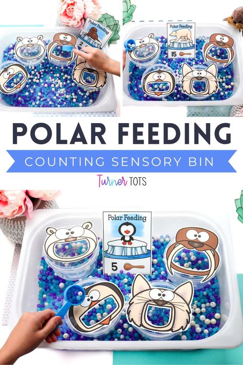 Snow Math Preschool, Artic Animals Preschool Math Activities, Polar Bear Process Art, Polar Animal Sensory Bin, Animal Themed Sensory Bin, Winter Preschool Sensory Bin, January Sensory Table, Toddler Winter Animal Activities, Artic Sensory Table