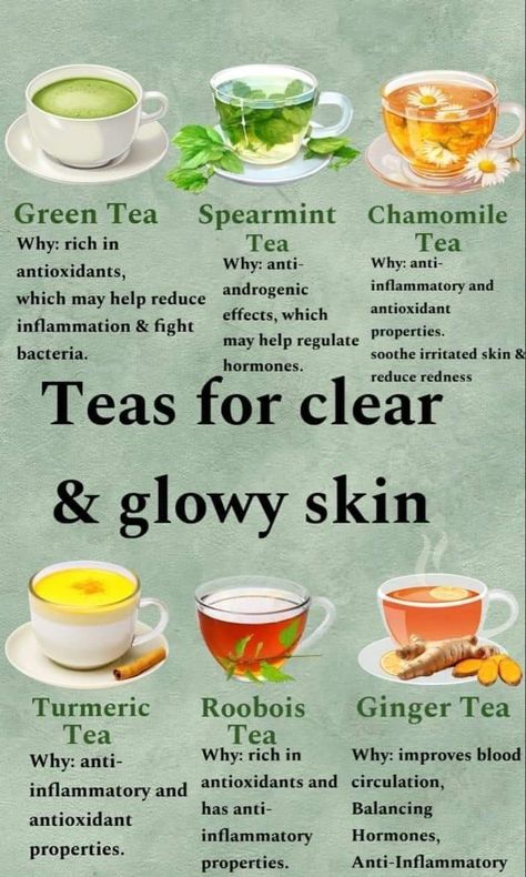 Healthy Non Caffeine Drinks, Best Teas For Clear Skin, Teas For Skin Health, Teas That Are Good For Skin, Herbal Tea For Clear Skin, Natural Tips For Clear Skin, Tea For Skin Acne, Herbal Tea For Hormonal Acne, Different Tea Benefits