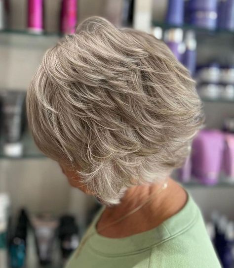 Over 70 Beige Gray Feathered Bob Feathered Hairstyles Short Fine Hair, Short Feathered Haircuts For Fine Hair, Haircuts For Women Over 70, Grey Hair And Glasses, Flippy Hair, Feathered Hair Cut, Feathered Bob, Trendy We Fryzurach, Short Layered Bob Haircuts