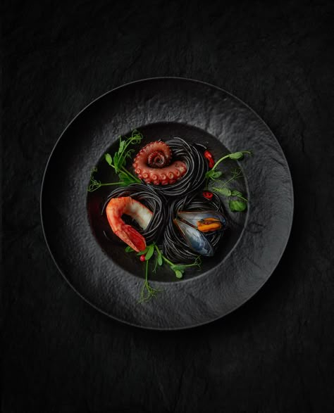 Oyster & Octopus. Fish & Shrimp. SEA on Behance Black Food Photography Dark, Octopus Food Photography, Seafood Food Photography, Fine Art Food Photography, Shrimps Photography, Dining Photoshoot, Sea Food Photography, Biography Design, Seafood Fine Dining