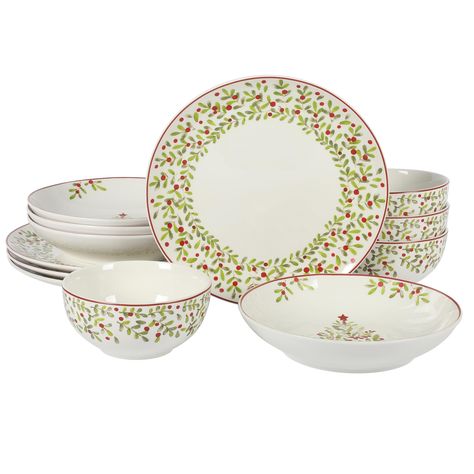 PRICES MAY VARY. WHAT'S IN THE BOX: Four 10.5-inch dinner plates, four 9-inch dinner bowls, and four 6-inch cereal bowls PORCELAIN DINNERWARE: A durable dinnerware collection that offers an elegant and refined profile for everyday and occasional gatherings HOLIDAY PATTERNS: Festive motifs of pines and berries adorn each plate and bowl for a seasonal touch to any kitchen or table ALL-PURPOSE DINNER BOWLS: Popular for their multi-functional design, these dinner bowls feature a spacious base to serve meat and vegetables, The low, curved sides make them ideal to hold soupy meals or anything with sauces like pastas, stews, and more. VERSATILE TABLEWARE: Layer these plates and bowls with other tabletop pieces in bold colors or vibrant patterns. Express your creativity through unique combinations Christmas Dinnerware Sets, China Dinnerware Sets, Plates And Bowls Set, Christmas Dinnerware, Holiday Dinners, Pots And Pans Sets, Dinner Bowls, Stoneware Dinnerware, Christmas Dishes