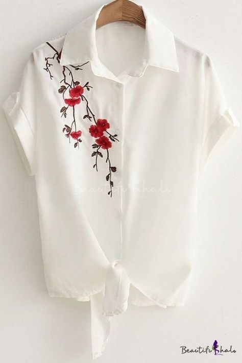 Moda anti-idade: Camisa feminina com manga curta ⋆ De Frente Para O Mar Fabric Paint Shirt, Clothes Embroidery Diy, Fancy Shirt, Fabric Painting On Clothes, Hand Painted Dress, Pola Bordir, Paint Shirts, White Linen Shirt, Kurti Embroidery Design