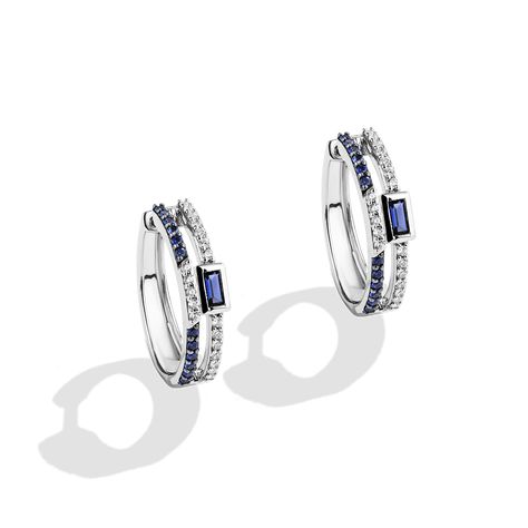 R2-D2 White Diamond Women's Hoop Earrings Blue Sapphire Star Wars™ Fine Jewelry 1/3 CTTW | Jewelili Gold Diamond Hoop Earrings, Blue Sapphire Necklace, Blue Sapphire Diamond, Minimal Jewelry, Pave Setting, Fashion Jewelry Earrings, Diamond Hoop Earrings, Sapphire Necklace, Sapphire Earrings