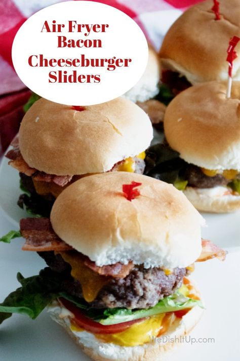 These Air Fryer Bacon Cheeseburger Sliders are the perfect party food. They come out nice and juicy in the air fryer. Let your guests build their own with cheese, bacon , mayo and other favorites. Hamburger Sliders In Air Fryer, Air Fryer Hamburger Sliders, Sliders In Air Fryer, Nye Snacks, Bacon Cheeseburger Sliders, Bacon Mayo, Hamburger Sliders, Bacon Onion Jam, Air Fryer Bacon