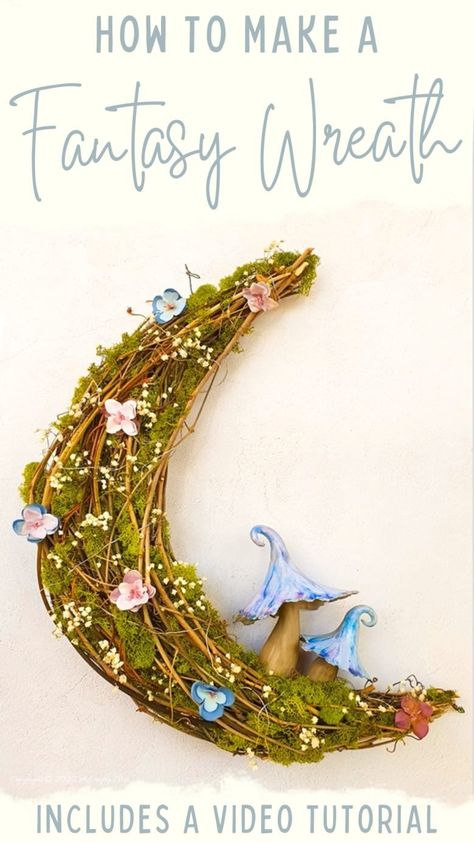 Creacent Moon Wreath, Moon Wreath Tutorial, Crystal Wreath Ideas, Harvest Moon Wreath, Crescent Moon Wreath Diy Christmas, Fairy Moon Wreath, Moss Moon Wreath, Diy Seasonal Wreaths, Crescent Moon Craft