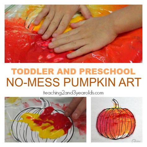 Toddler and Preschool No-Mess Pumpkin Art Pumpkin Crafts Preschool, Mess Free Painting, Car Seat Bag, Toddler Painting, Halloween Crafts Preschool, Fall Activity, Baby Art Projects, Halloween Preschool, Pumpkin Projects