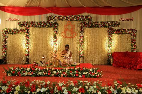 Hindu wedding stage Hindu Wedding Hall Decorations, Hindu Wedding Decorations Simple, Hindu Marriage Stage Decoration, Tamil Wedding Stage Decoration, Simple Stage Decorations Wedding, Hindu Wedding Stage Decoration Kerala, Kerala Hindu Wedding Stage Decoration, Hindu Marriage Decoration Stage, Hindu Wedding Stage