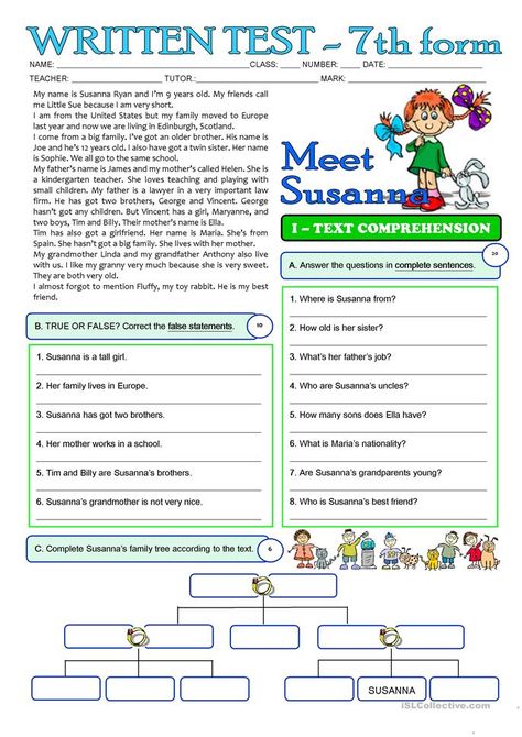 SUSANNA'S FAMILY - 3 page TEST - 7th grade - English ESL Worksheets for distance learning and physical classrooms 7th Grade Worksheets, 7th Grade Writing, 7th Grade English, 7th Grade Reading, 6th Grade Worksheets, Ela Worksheets, Teaching Reading Comprehension, Writing Test, 7th Grade Ela