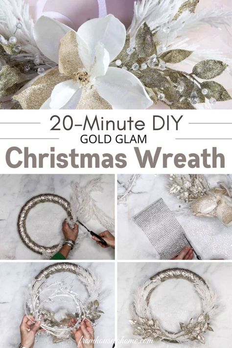 This easy DIY glam Christmas wreath takes only about 20 minutes to make, looks super festive, sparkly and will absolutely fit with your front door or living room Christmas decorations. White And Gold Wreath, Xmas Garland, Gold Christmas Wreath, Christmas Wreath Diy, Foam Wreath, Christmas Wreath Decor, Glam Christmas Decor, Diy Christmas Wreath, Crystal Garland