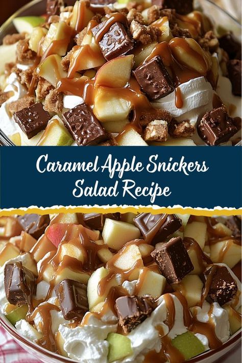 Indulge in the perfect combination of crunchy, sweet, and creamy with this Caramel Apple Snickers Salad. This delightful dessert salad is quick to prepare and is sure to be a crowd-pleaser at any gathering! Snickers Salad Recipe, Apple Snickers Salad, Snickers Caramel Apple Salad, Snickers Dessert, Caramel Apple Salad, Caramel Apple Desserts, Snicker Apple Salad, Snickers Salad, Caramel Apples Recipe