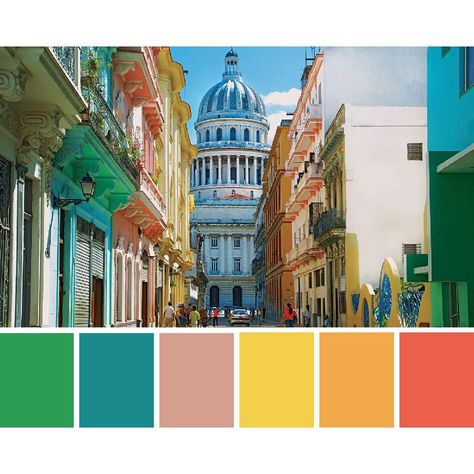 DecoratorsBest on Instagram: “Picturesque Havana is today's #bloginspo - we created this bright, tropical palette based on the colors in the street. Can't wait to see…” Cuban Color Palette Havana Cuba, Cuban Decor Havana Nights, Havana Nights Color Palette, Cuba Inspired Decor, Caribbean Colour Palette, Cuba Color Palette, Cuban Color Palette, Latin Color Palette, Havana Color Palette