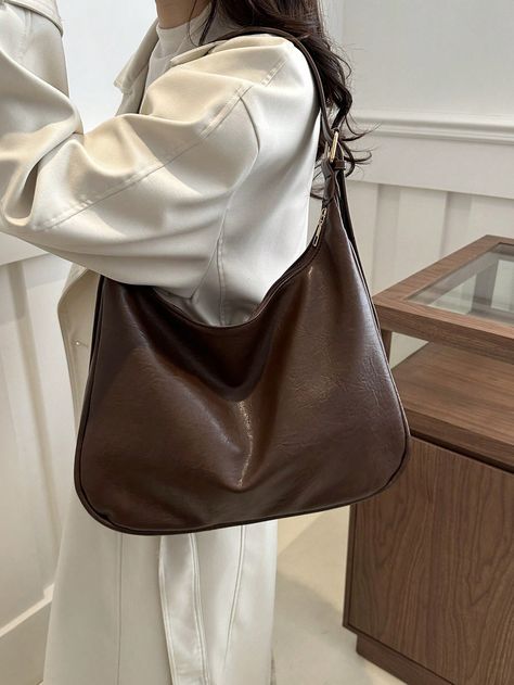 Coffee Brown Casual,Elegant,Preppy,Vintage Collar  PU Leather Plain Hobo Bag Embellished   Women Bags Brown Bag Aesthetic, Uni Tote Bag, Hobo Bag Outfit, Office Bags For Women, Shoulder Bag Aesthetic, Dark Brown Leather Bag, Elegant Preppy, Preppy Vintage, Fall Bags