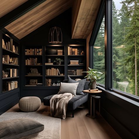 As the sun's gentle rays filter through the windows of the sleek black designed modern farmhouse, you settle into your cozy reading corner,… | Instagram Cabin Room, Mountain Vacation, Decor Western, تصميم للمنزل العصري, Home Library Design, التصميم الخارجي للمنزل, Vacation House, Cabin Living, Hus Inspiration