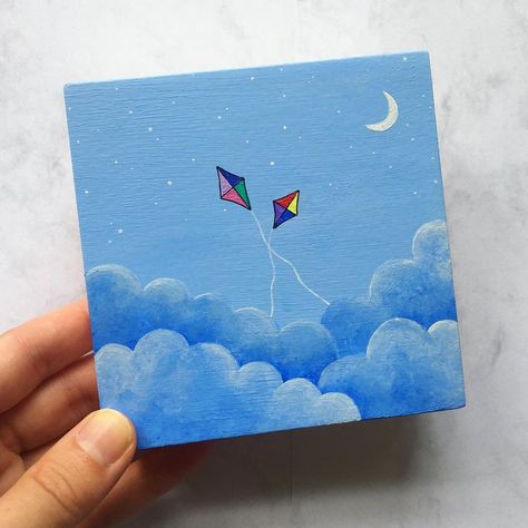 Cute Blue Paintings, Mini Paintings Aesthetic, Mini Acrylic Paintings Easy, Mini Paintings Simple, Simple Mini Canvas Paintings, Mini Canvas Art Easy Cute, Tiny Canvas Art, Acrylic Sky Painting, Mini Canvas Art Ideas