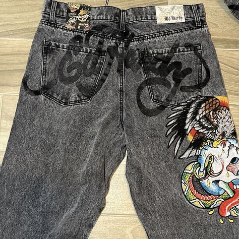 Ed Hardy Jeans | Ed Hardy Denim Original Battle Skull Embroidered Loose Fit Jeans Mens 34 Nwt | Color: Gray/Red | Size: 34 Ed Hardy Jeans, Dream Jeans, Animal Print Pattern, Loose Fit Jeans, Swaggy Outfits, Skull Design, Ed Hardy, Dream Clothes, Acid Wash