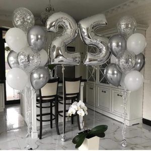 Valentines Balloons Bouquet, Personalised Balloons, Silver Party Decorations, Black Party Decorations, Surprise Birthday Decorations, Silver Balloons, 25th Anniversary Party, Bubble Birthday, Happy 25th Birthday