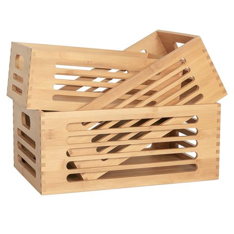 PRICES MAY VARY. Includes 3 pack bamboo storage bins, 1 large 1 medium and 1 small. Large Size: 15 x 9.8 x 6.3 in. Medium Size: 13.8 x 8.7 x 6.3 in. Small Size: 12.6 x 7.5 x 4.7 in. Combining natural bamboo and wood, these storage bins are smooth yet pretty, sturdy and durable enough for long lasting use. Open top and hollow stripe design provide a clear view, easy access and good ventilation for items inside. Built in handles on both sides for easy pick up/down or movement. Ideal for storing sn Wooden Storage Bins, Kitchen Cabinet Shelves, Decorative Wooden Boxes, Closet Cabinet, Cabinet Shelf, Wooden Basket, Laundry Closet, Kitchen Containers, Large Basket