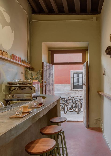 Narrow Cafe Interior, Tiny Cafe Design Interiors, Juice Bar Design Interiors Small Space, Small Cafe Bar Design, Narrow Cafe Design, Crepe Cafe Design, Narrow Coffee Shop, Coffee Shop Design Interior Small Spaces, Cute Cafes Aesthetic