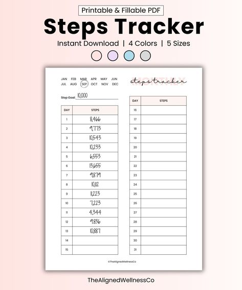 Daily step tracker record, step log, monthly step tracker printable, fillable fitness tracker, health & fitness planner template walking log Monthly Step Tracker, Step Tracker Printable, Fitness Planner Template, Macro Tracker, Step Tracker, Fitness Tracker Printable, Step Goals, Steps Tracker, Recipe Book Templates