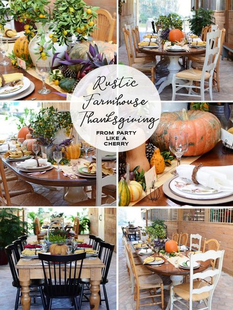 Rustic Farmhouse Thanksgiving Tablescape - Lots of photos from that time we actually had Thanksgiving in the barn! Party Like a Cherry Kumquat Tree, Farmhouse Thanksgiving, Barn Party, Thanksgiving Tablescape, Party Tablescapes, Party Barn, Kids Party Food, Thanksgiving Tablescapes, Thanksgiving Party