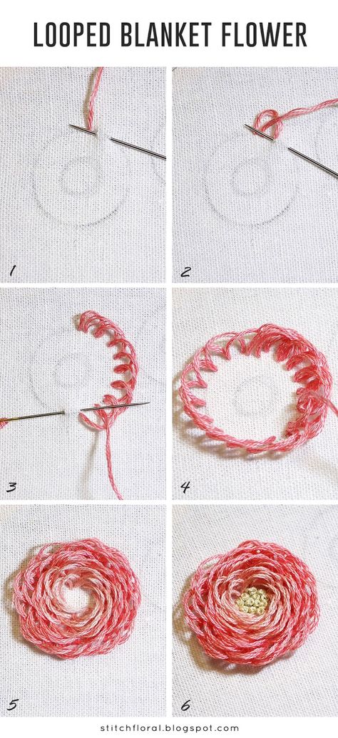 Looped blanket Embroidery Stitches Flowers, Sulaman Pita, Projek Menjahit, Blanket Flower, Embroidery Stitches Beginner, Hand Embroidery Tutorial, Hand Embroidery Flowers, Pola Sulam, Learn Embroidery