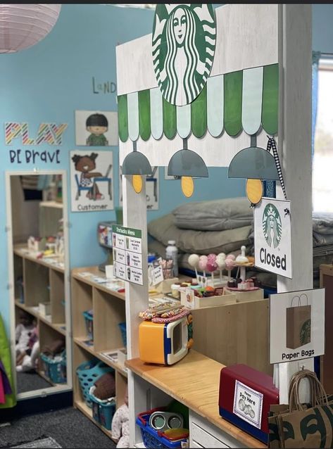 Coffee Dramatic Play, Starbucks Dramatic Play Coffee Shop, Starbucks Dramatic Play, Cafe Role Play Area, Coffee Shop Dramatic Play, Cafe Dramatic Play, Starbucks Project, Starbucks Theme, Activity Based Learning