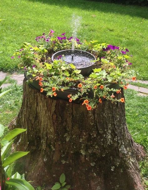 Decorate the garden creatively with these 65 DIY ideas | My desired home Tree Stump Ideas Outdoor Fairy Garden, Tree Stump Ideas, Tree Stump Decor, Stump Ideas, Tree Stump Planter, Patio Pond, Tanaman Pot, Solar Fountain, Garden Yard Ideas