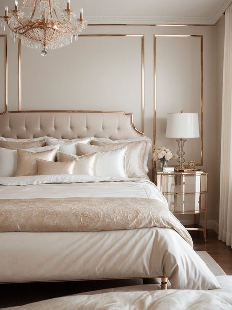 White And Gold Bedroom Aesthetic, Gold Bedroom Aesthetic, White And Gold Bedroom, White Gold Bedroom, Rose Gold Furniture, Bedroom Dresser Styling, Bedroom Ideas Luxury, Rose Gold Bedroom, Golden Furniture